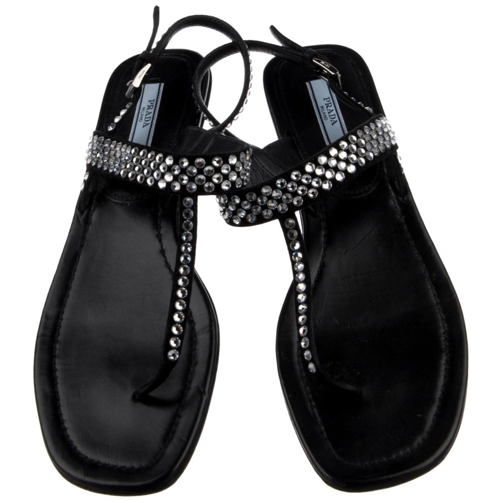 Prada leather crystal embellishments t-strap sandals flip flops shoes 39.5 9.5